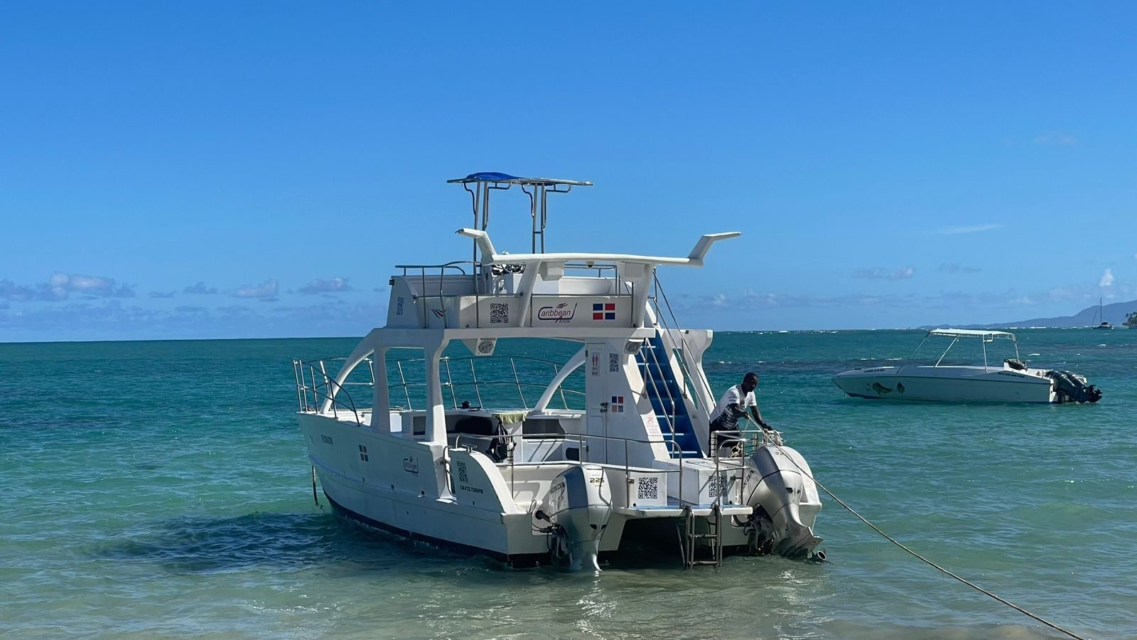 Tour catamaran anchored off the coast of Samaná, Dominican Republic